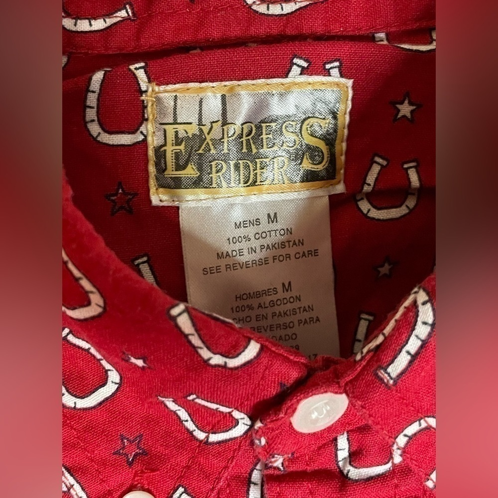 Vintage Express Rider Red Button Down Horseshoe Print Western Shirt Size Medium  - Picture 5 of 8